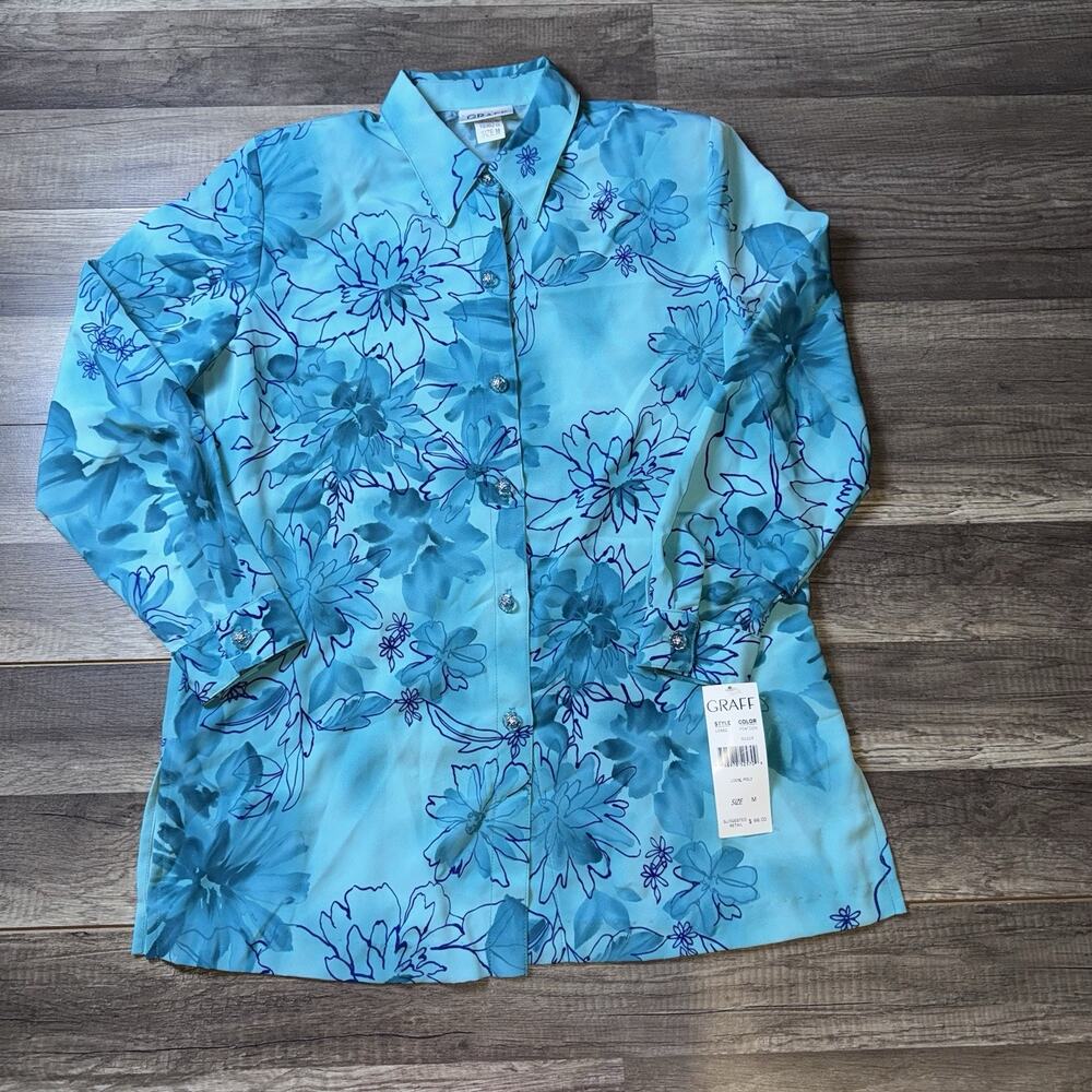 Graff Womens Medium Blouse NWT Peacock Blue Floral Button Front Lightweight Top